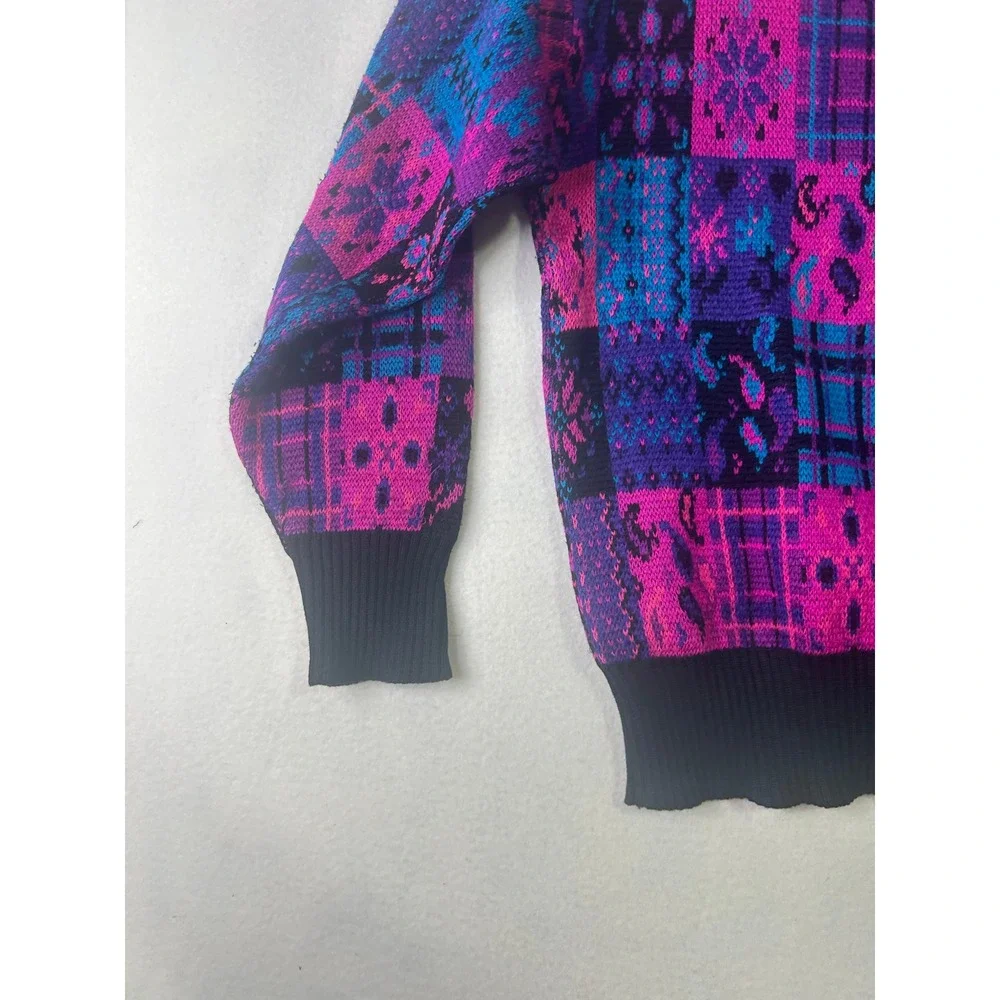 Vintage Meister Patchwork Knit Sweater Pink‎ Purple Blue Wool Blend Crewneck